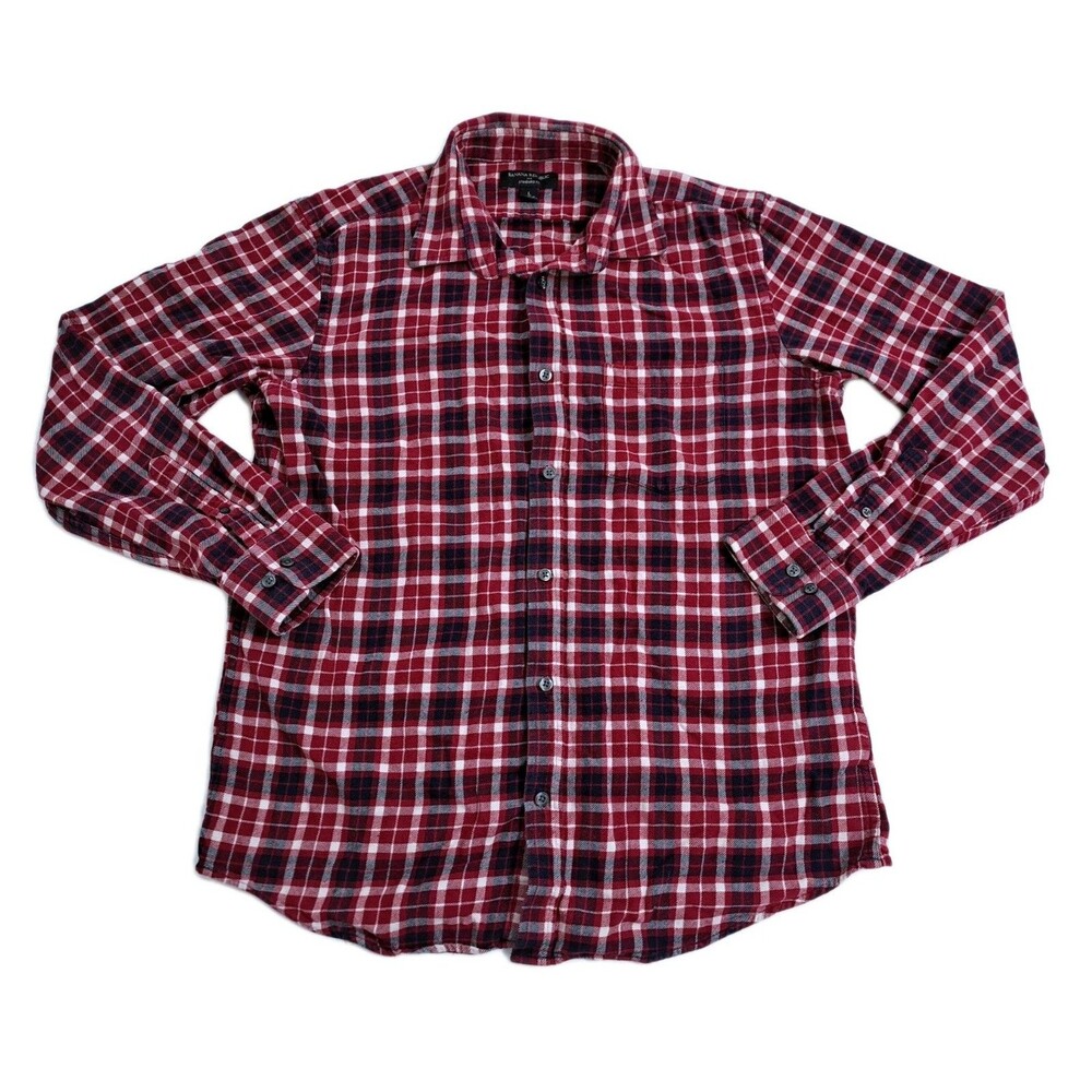 Banana Republic Men's Large Flannel Plaid Button Up Shirt Red Black Lumberjack